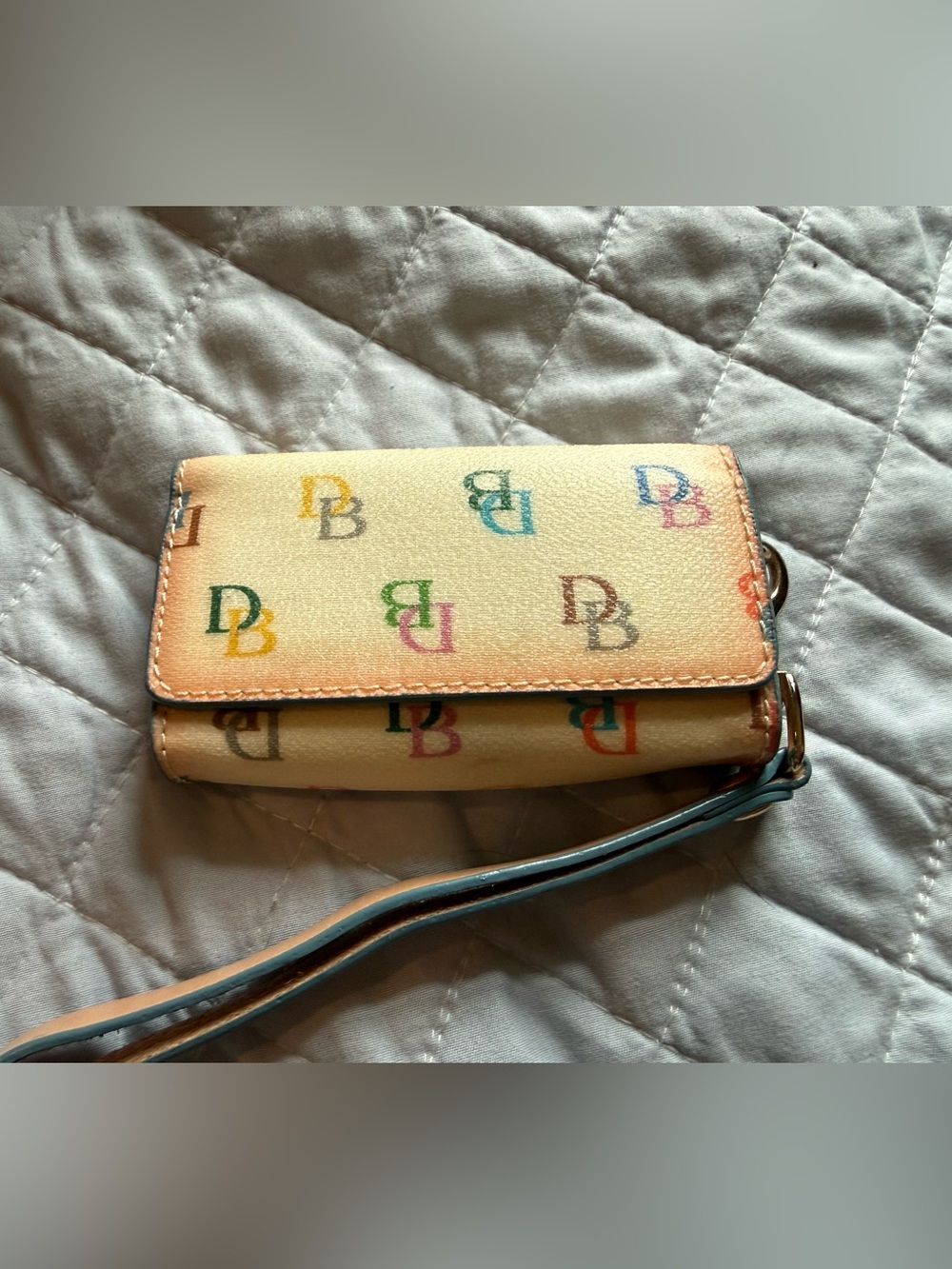 Dooney & Bourke Cream Multicolor Logo Wristlet with Blue Trim vintage